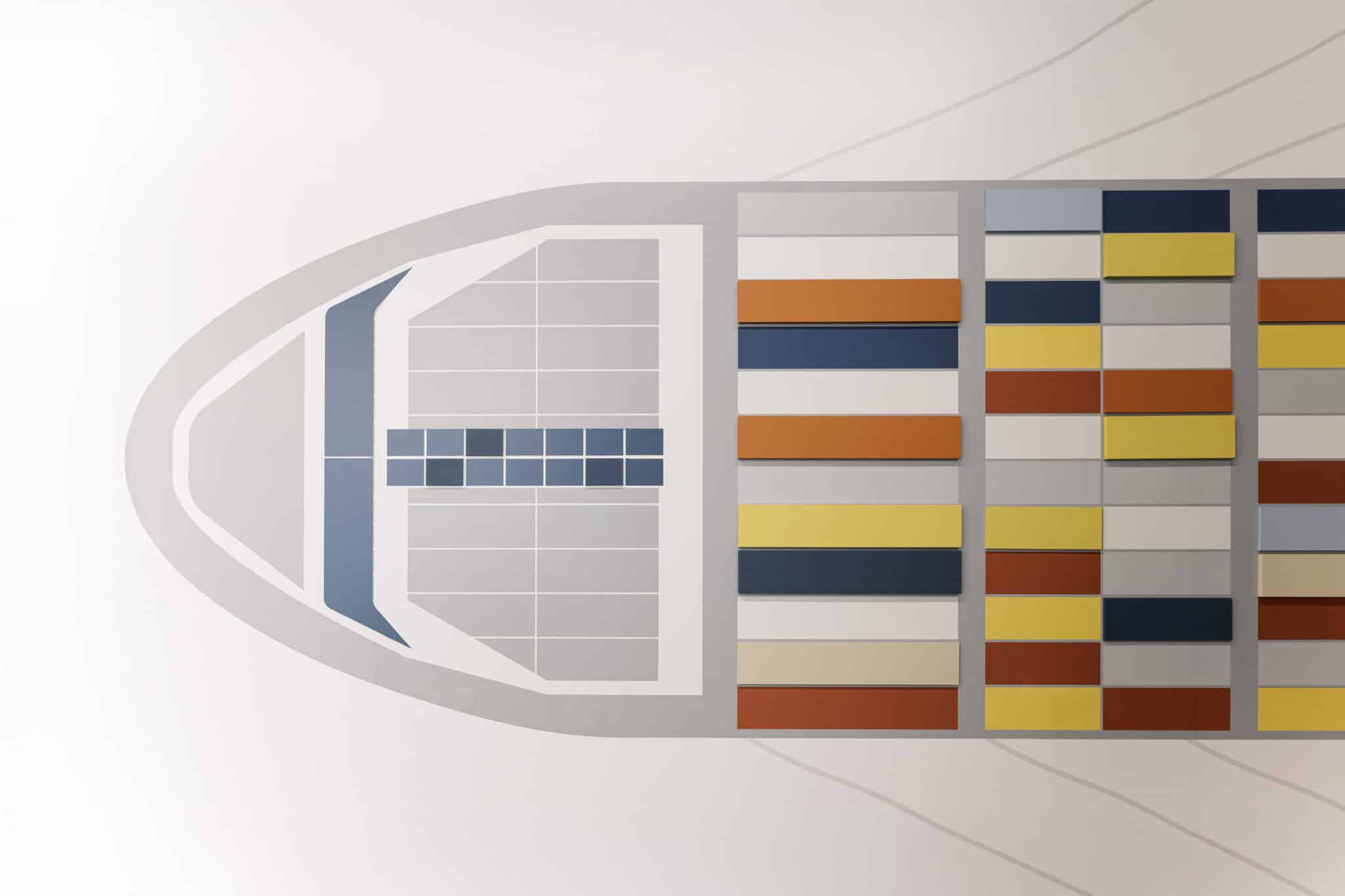 Printed container ship wall graphic seen from above