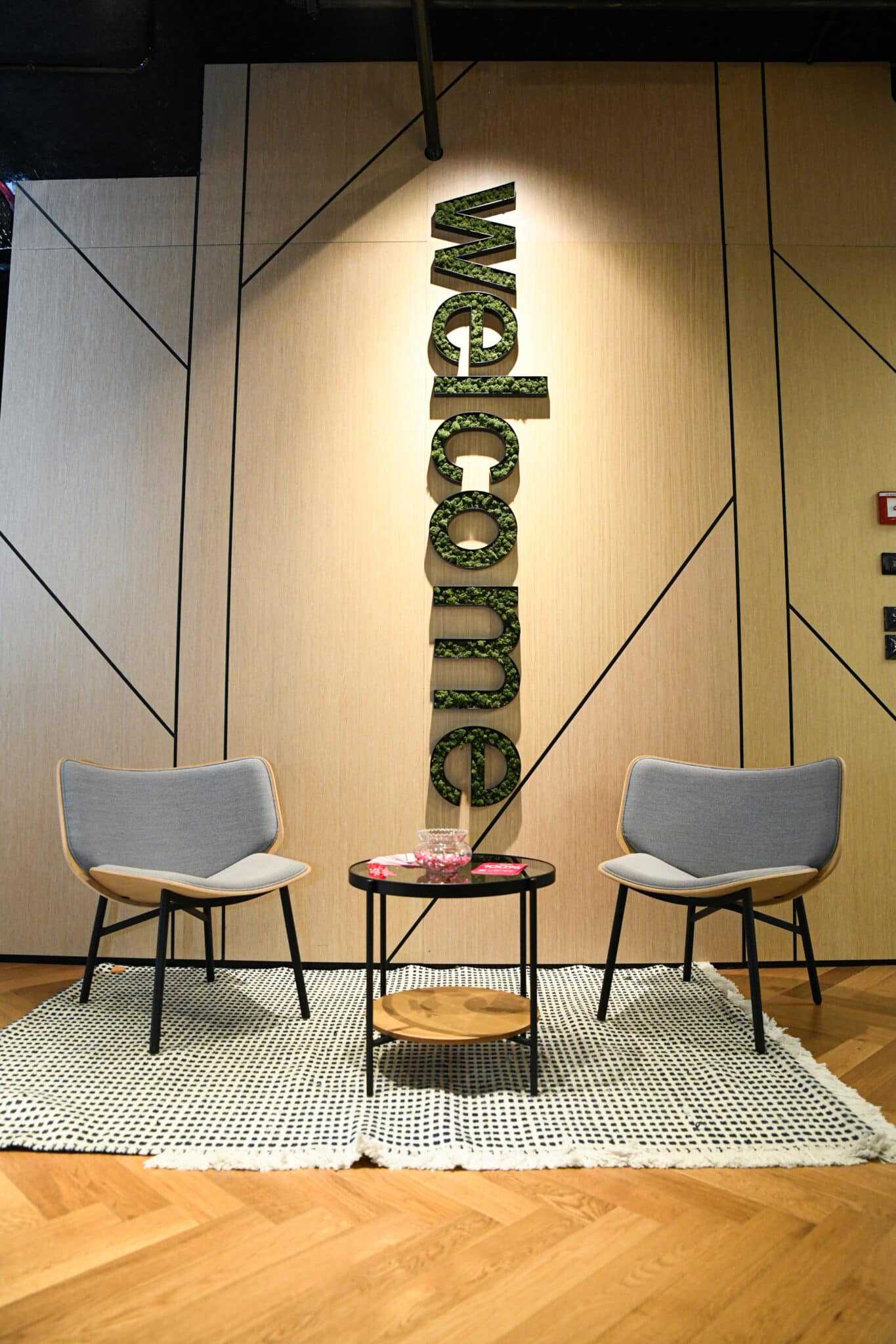 Welcome lettering filled with moss mounted on a wood wall