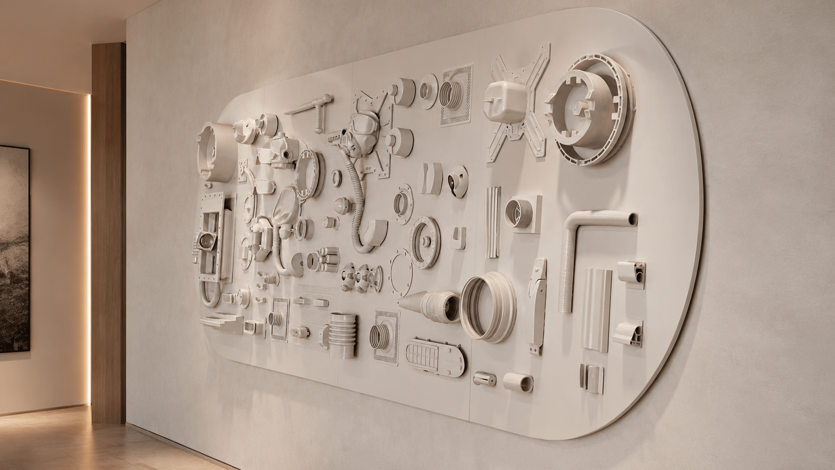 Curved wall panel displaying white moulded product parts