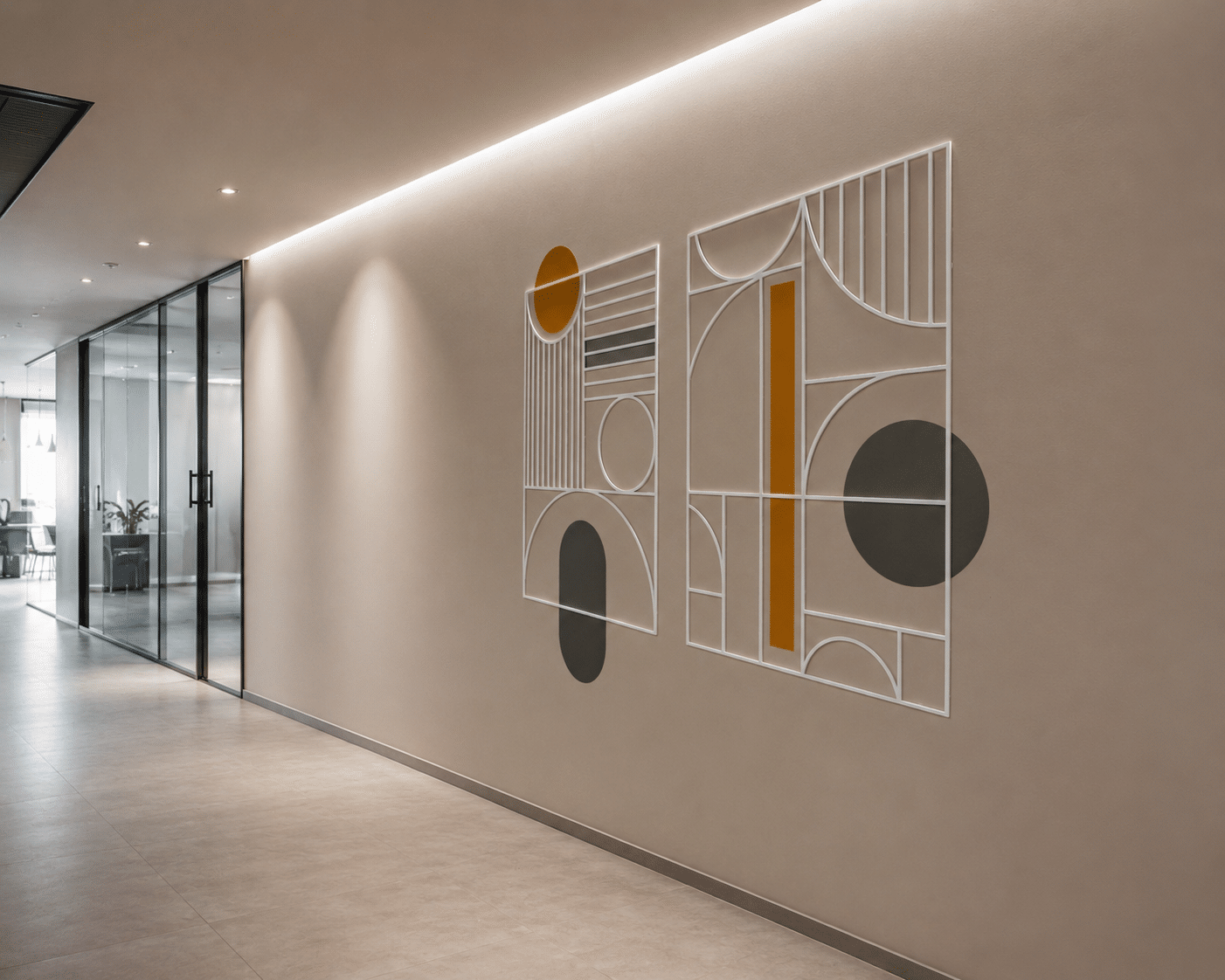 Framed geometric line artwork in white on a plaster corridor wall