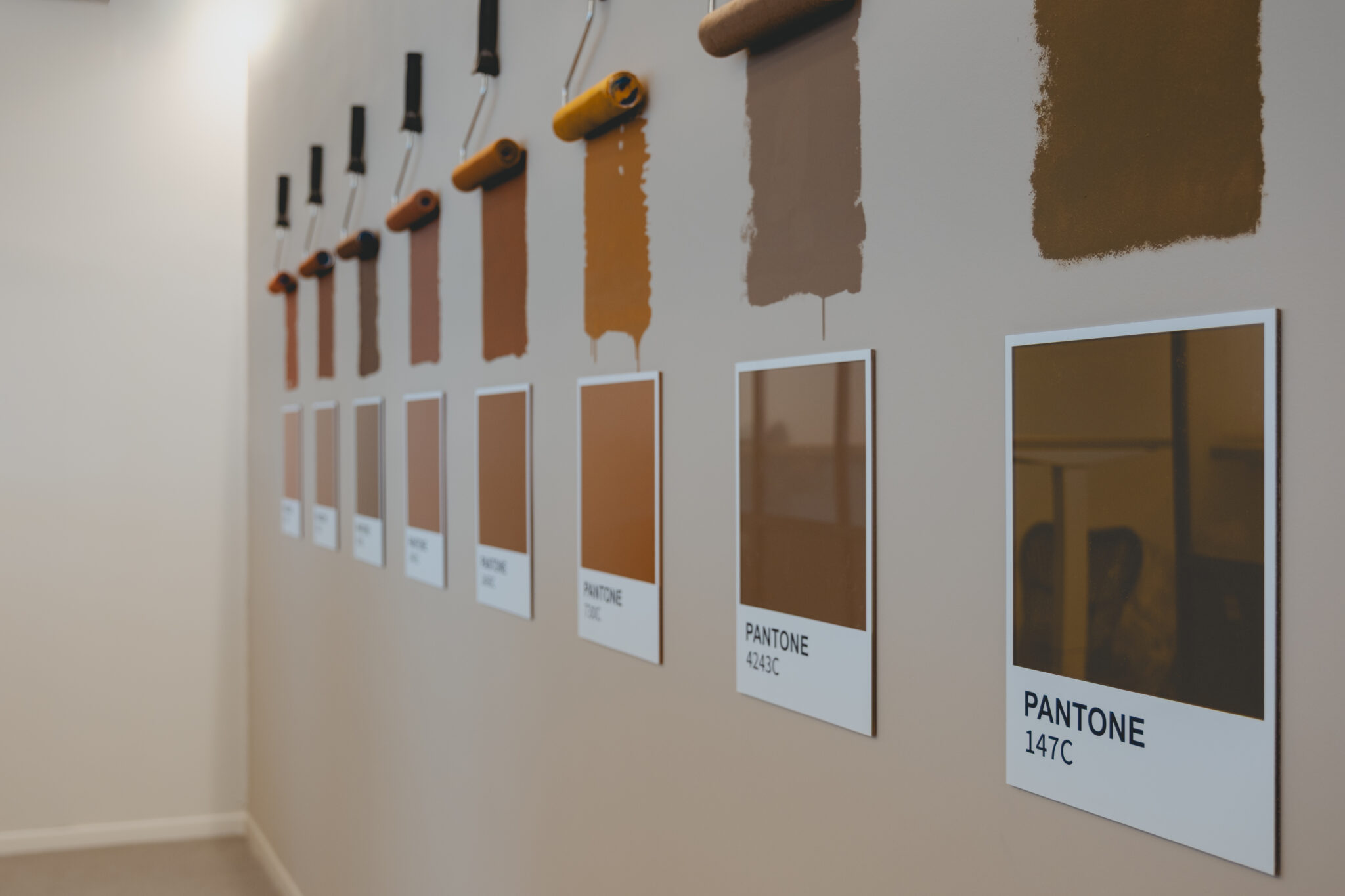 Pantone swatch wall display with paint rollers in warm tones
