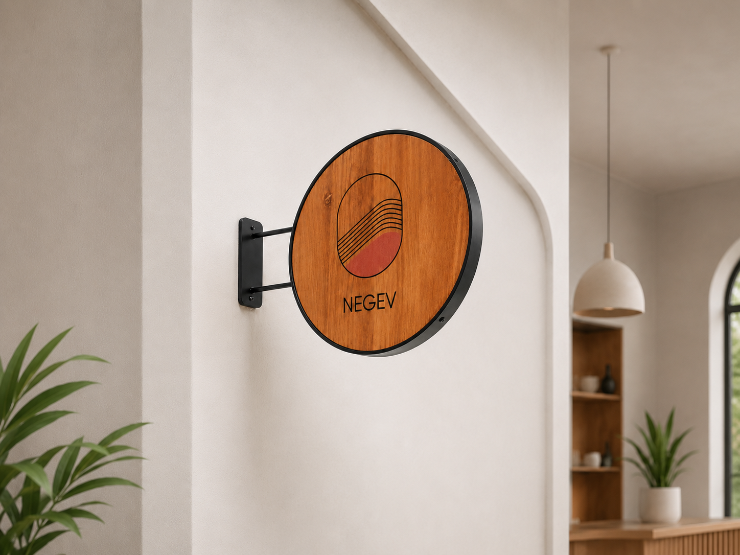 NEGEV round wood flag sign projecting from a wall