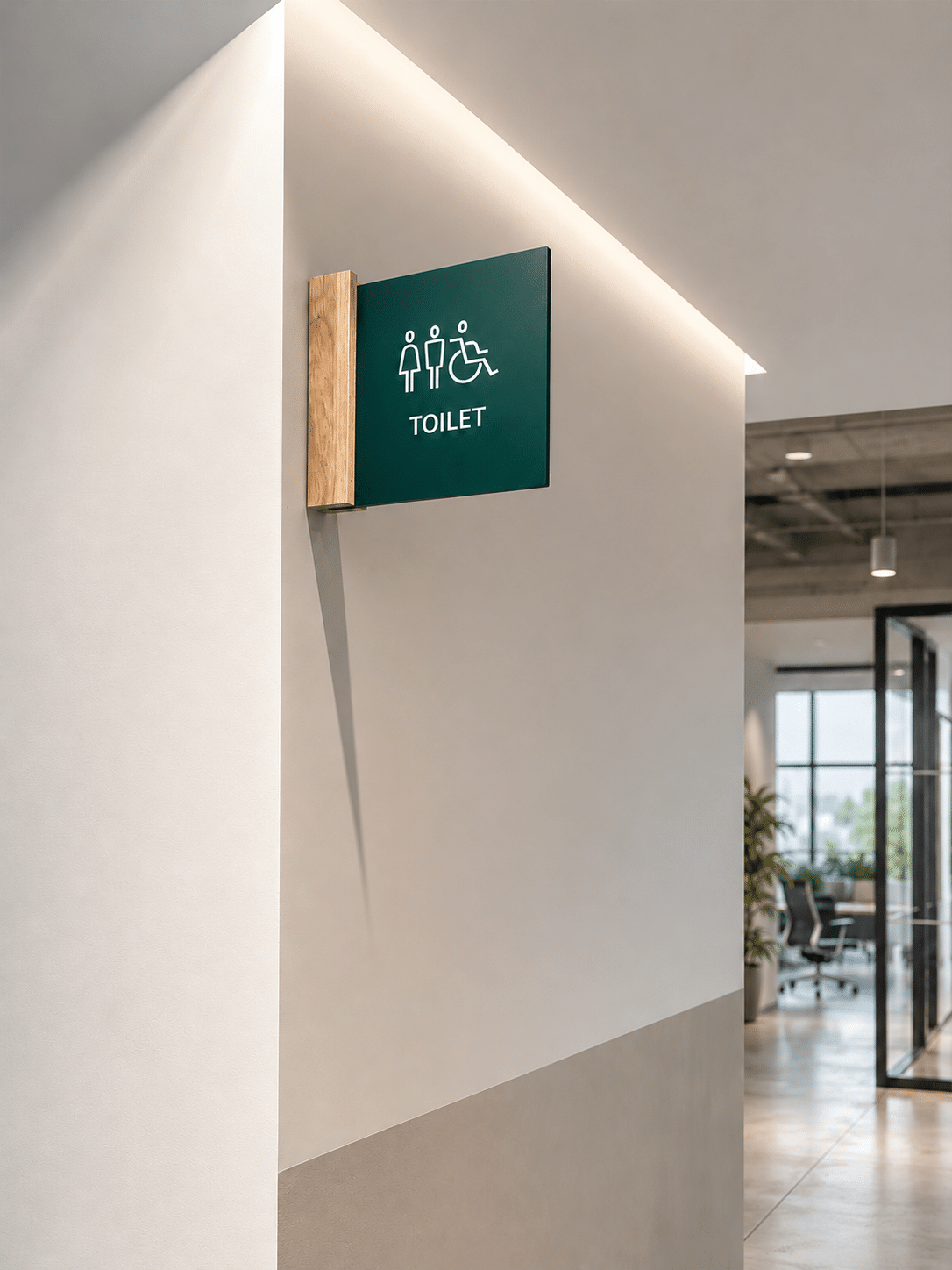 Green TOILET sign with pictograms on a wood bracket