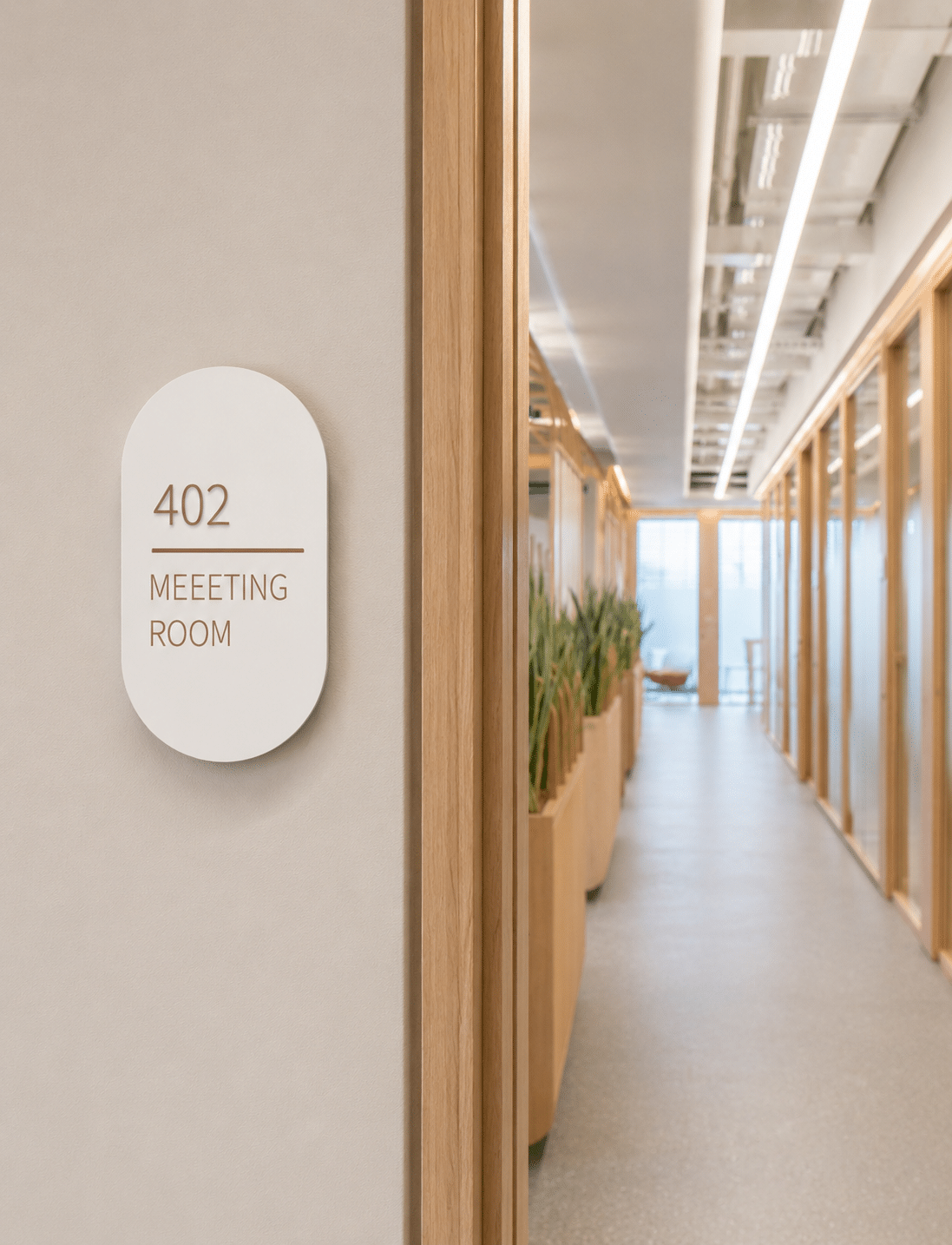 3D meeting room sign on a rounded plate beside a corridor