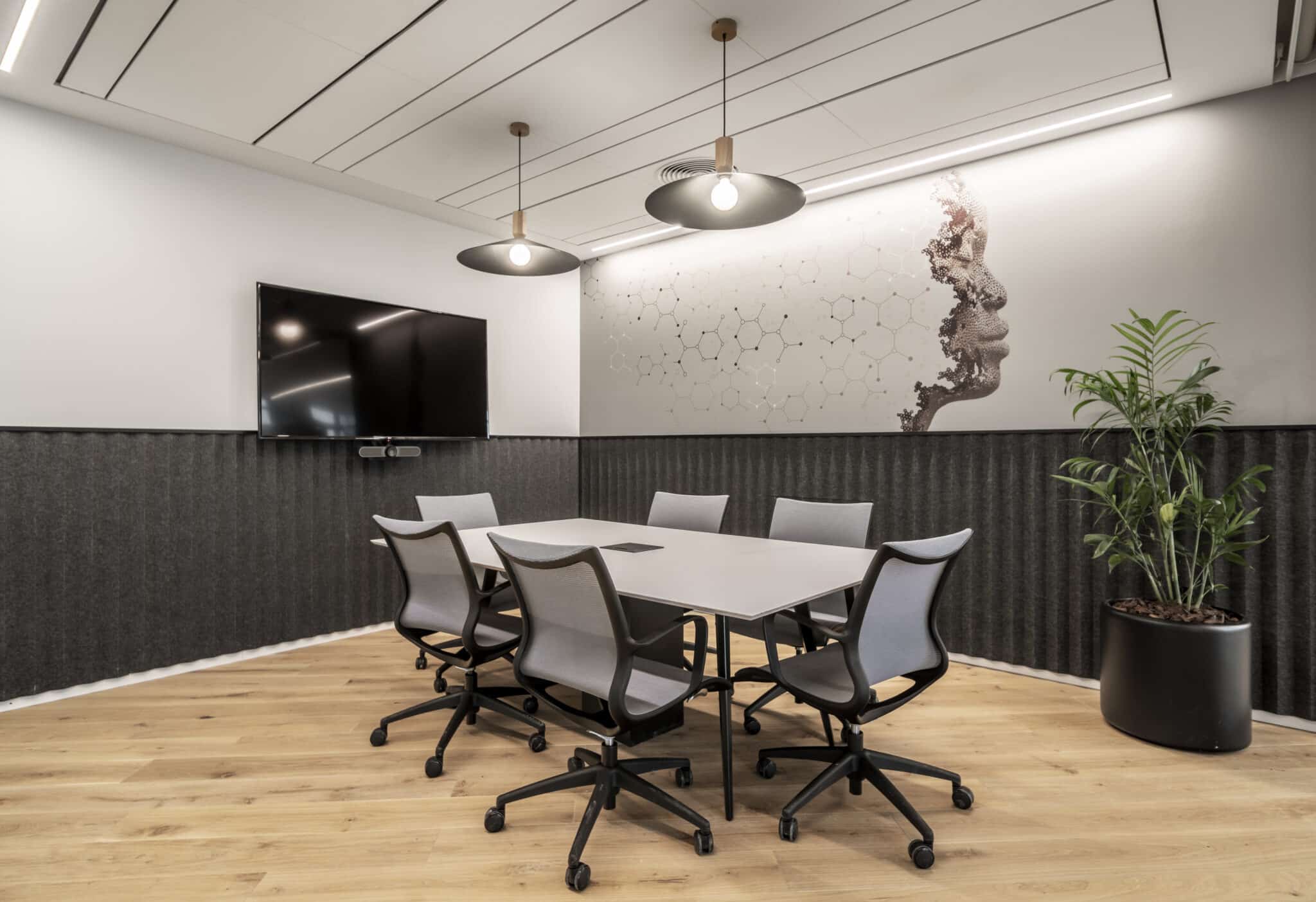 Molecule hexagon graphic and a face on a meeting room wall