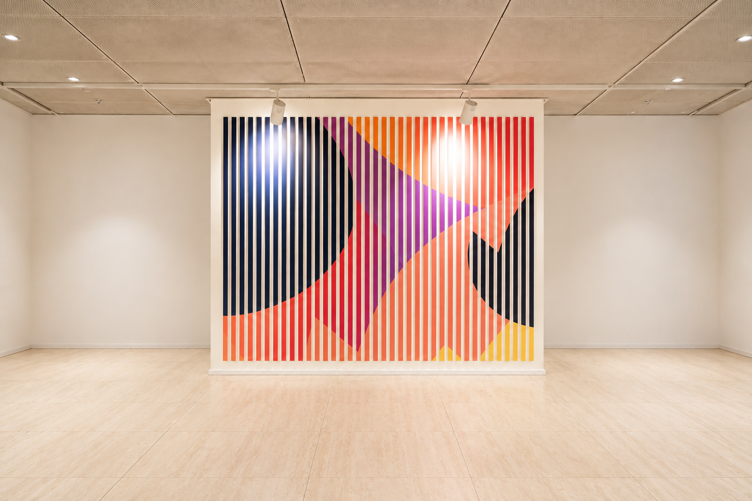 Striped colour wall graphic on a white wall in an empty hall