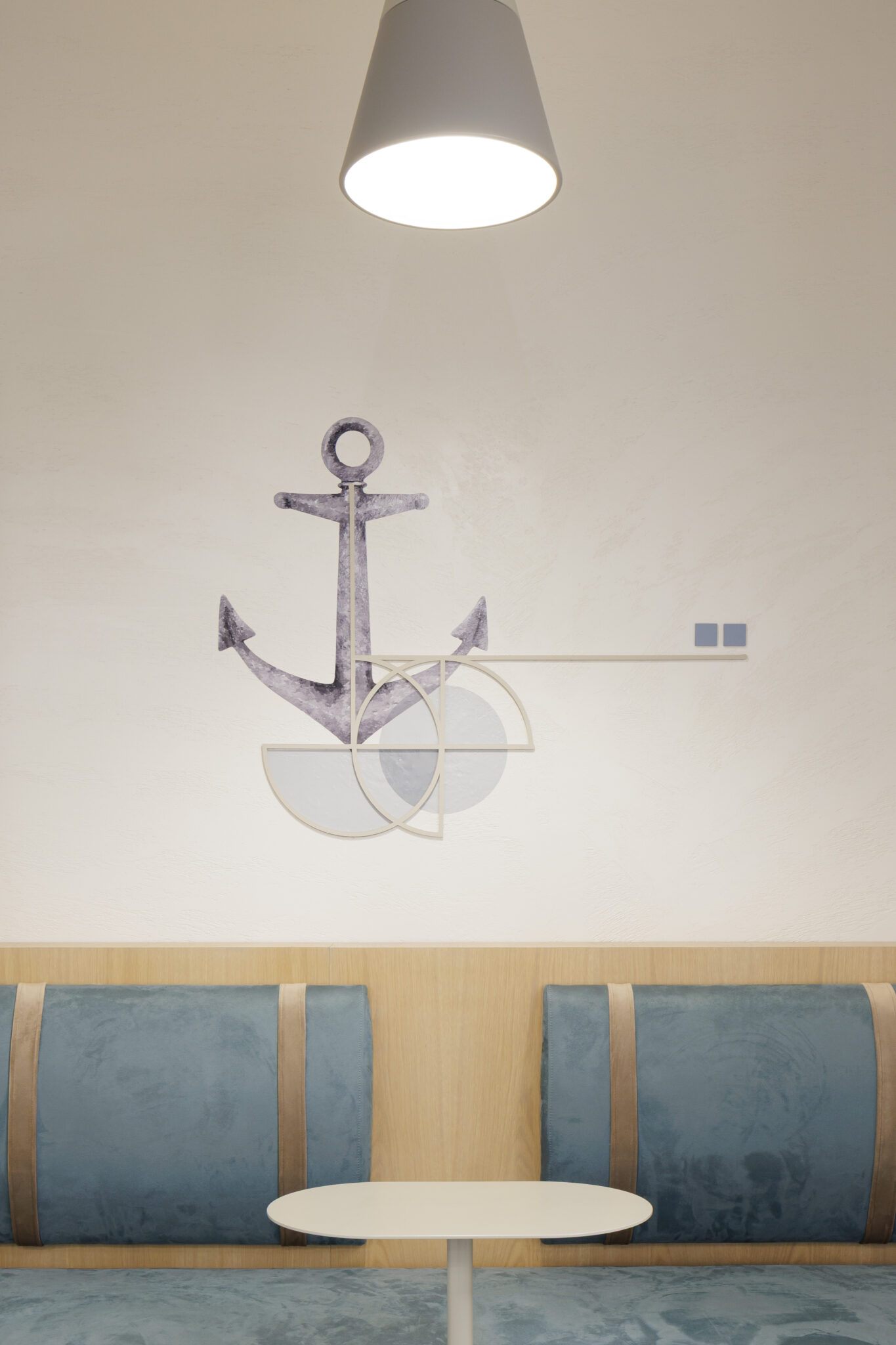 Anchor wall graphic above blue upholstered booth seating
