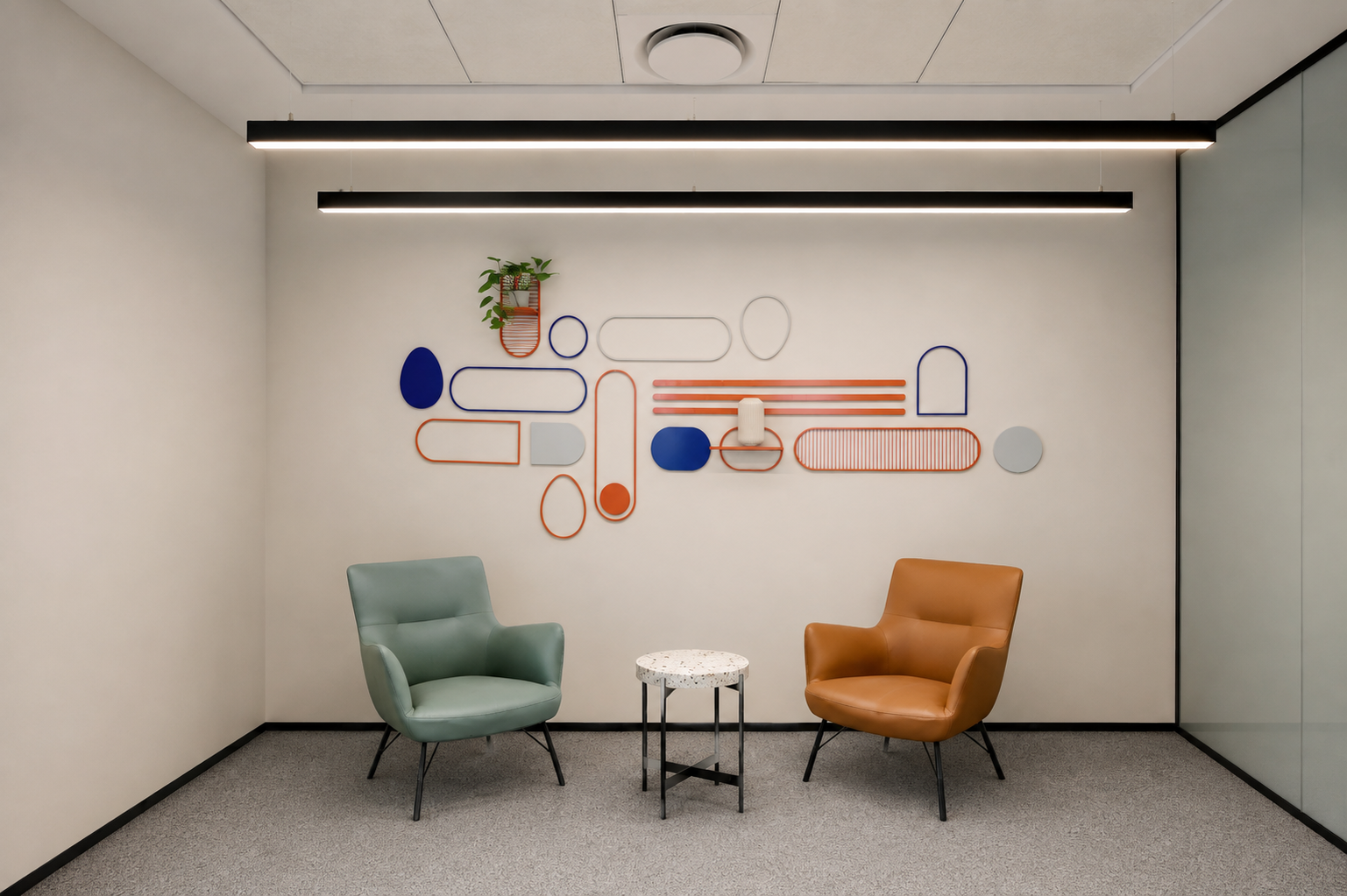 Two armchairs below a colourful 3D line art wall graphic
