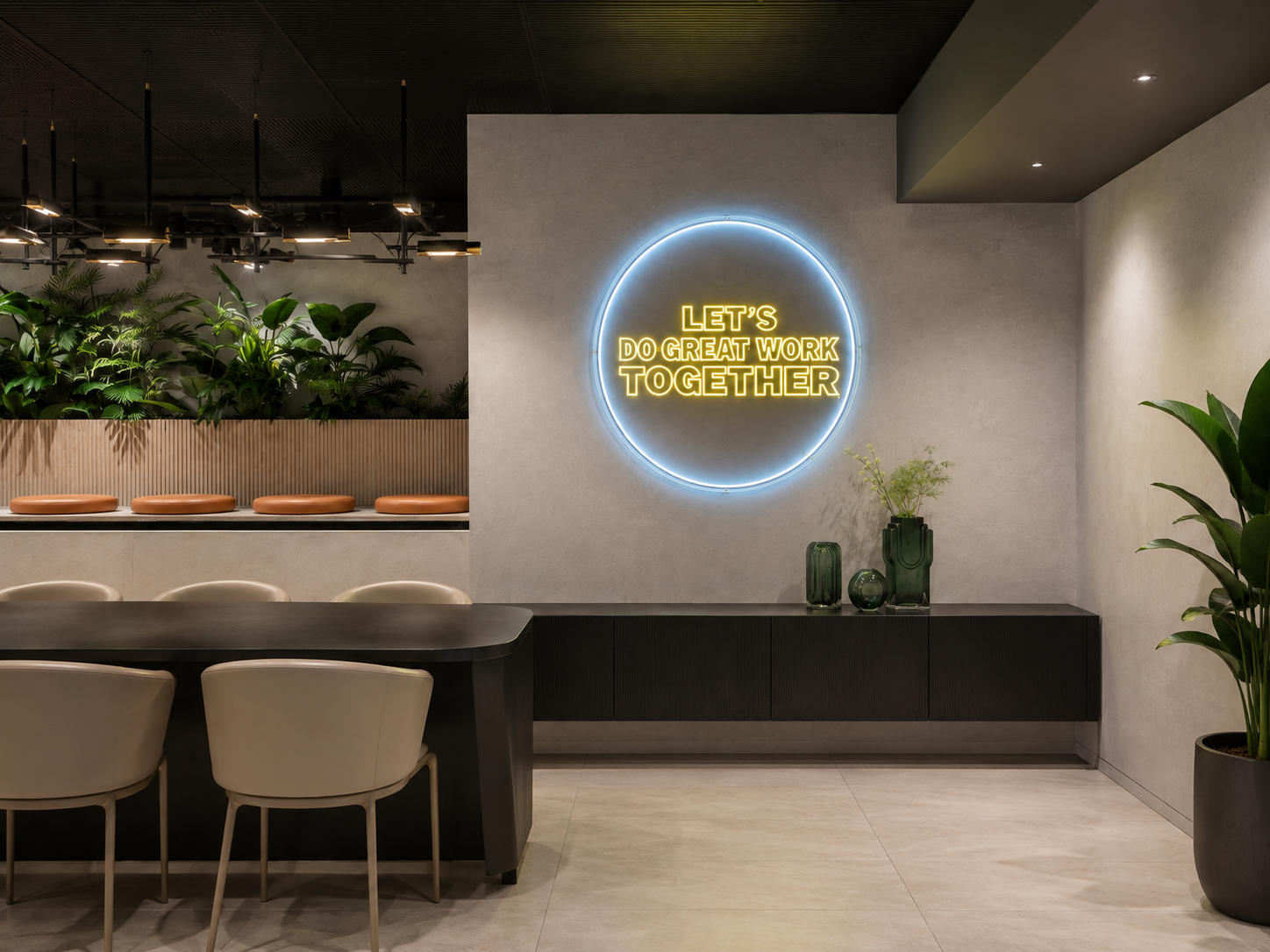 LET'S DO GREAT WORK TOGETHER round neon sign above a kitchen bar