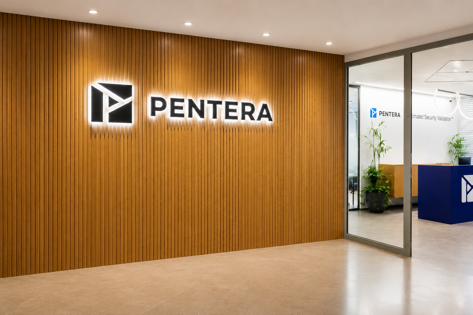 PENTERA backlit logo on a wood slat wall