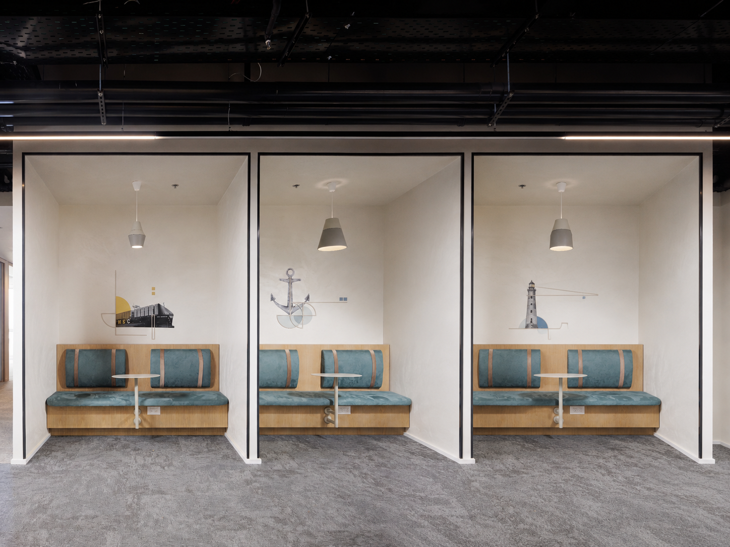 Nautical wall graphics inside three glazed seating booths