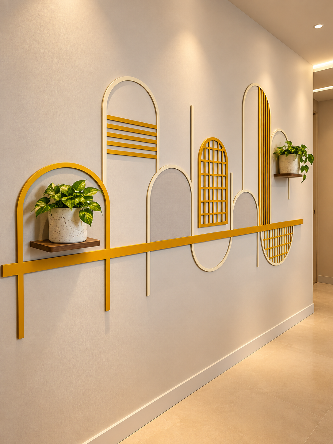 Yellow and white 3D arch line art with plant shelves