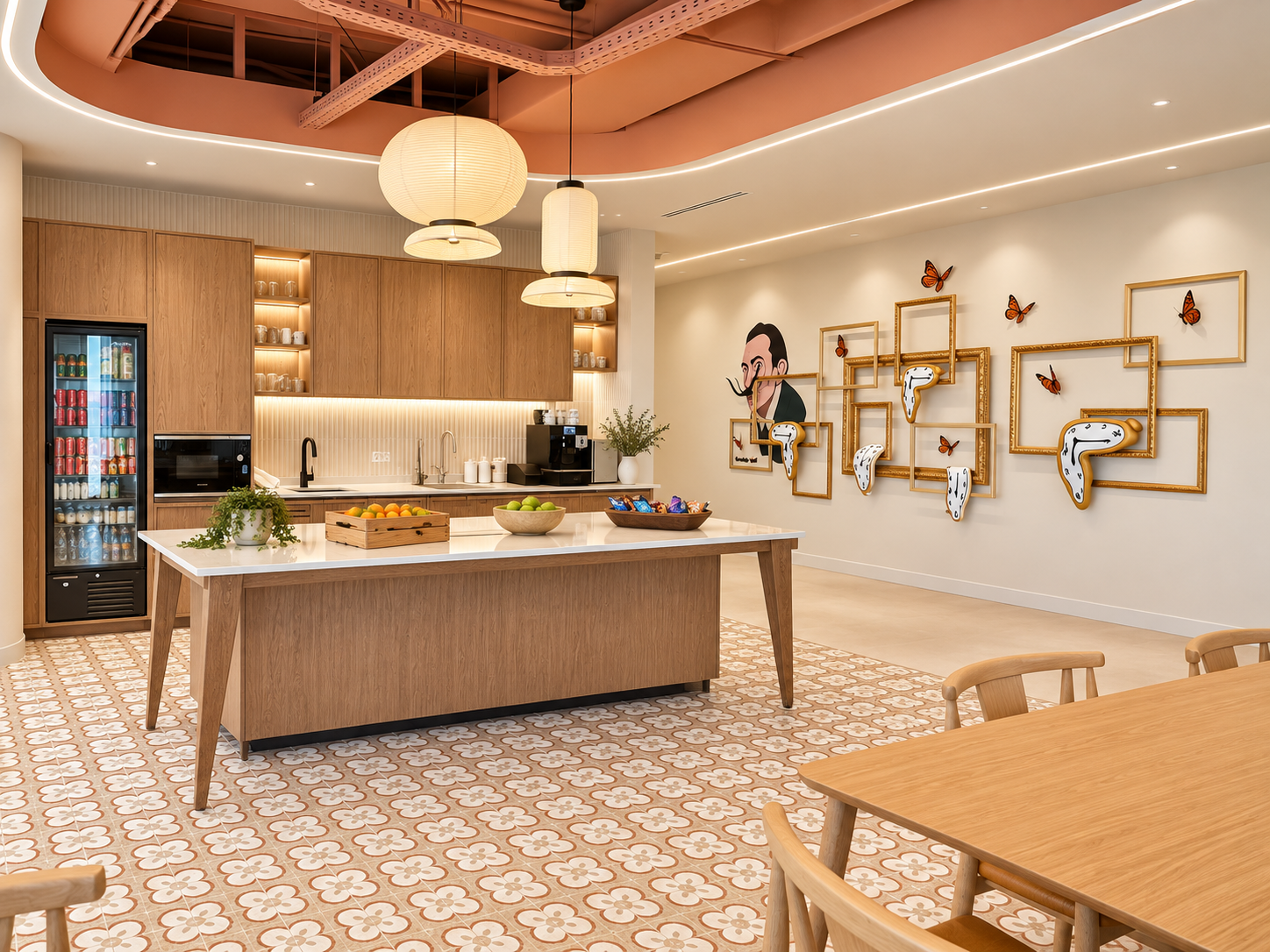 Office kitchen with wood island and framed butterfly art on the wall