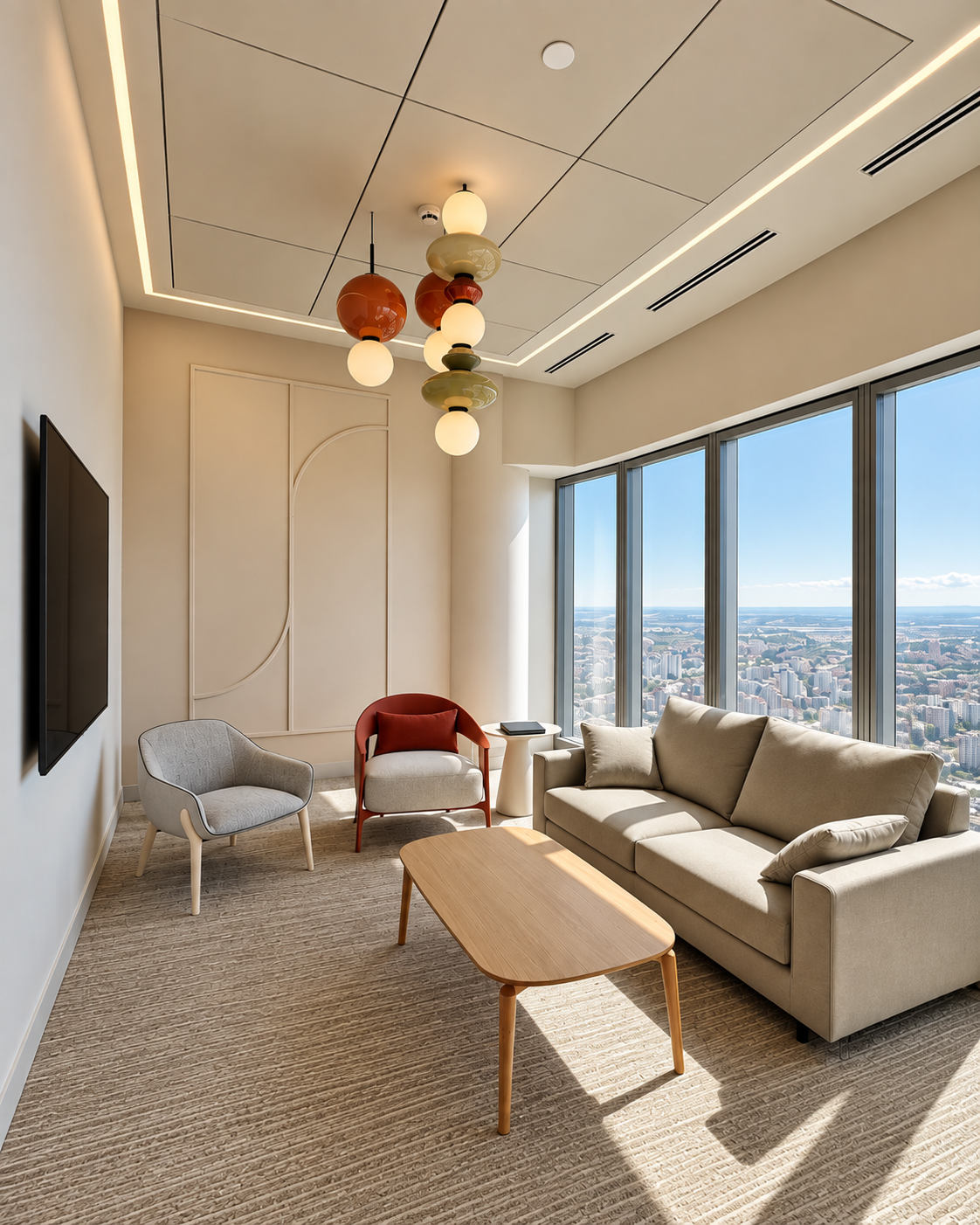 Meeting lounge with sofa and armchairs by a city view window