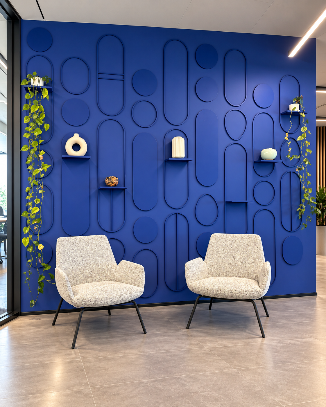 Blue 3D pattern wall with shelves, plants and two armchairs