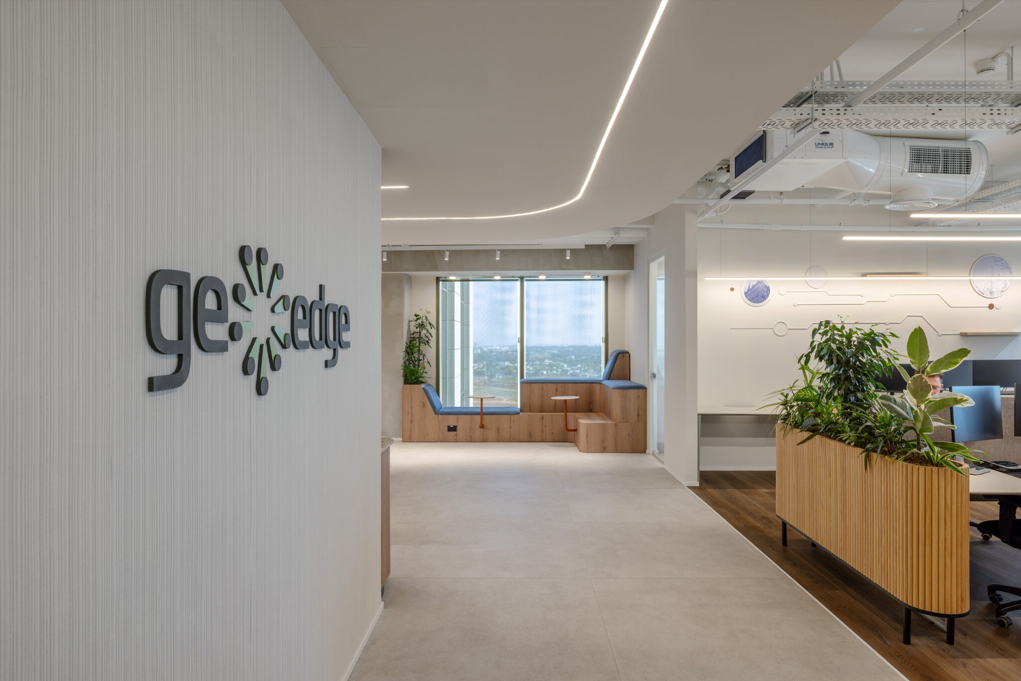 geoedge logo on a ribbed wall at an office entrance