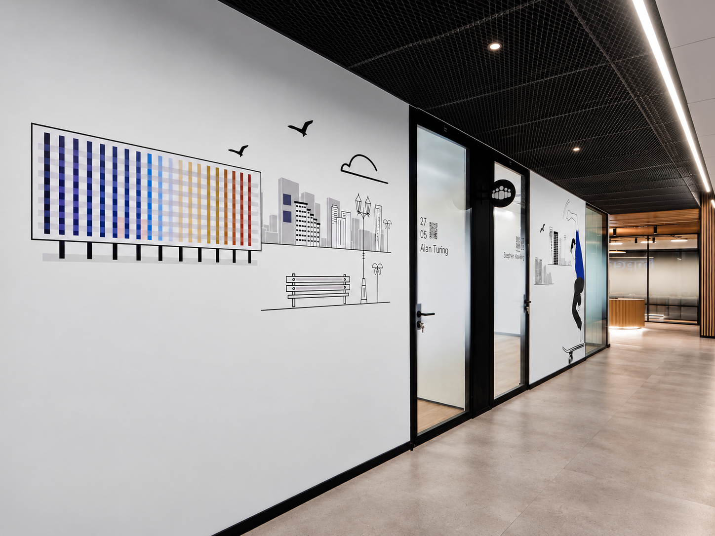 Corridor wall graphic with a colour bar chart and city line drawing