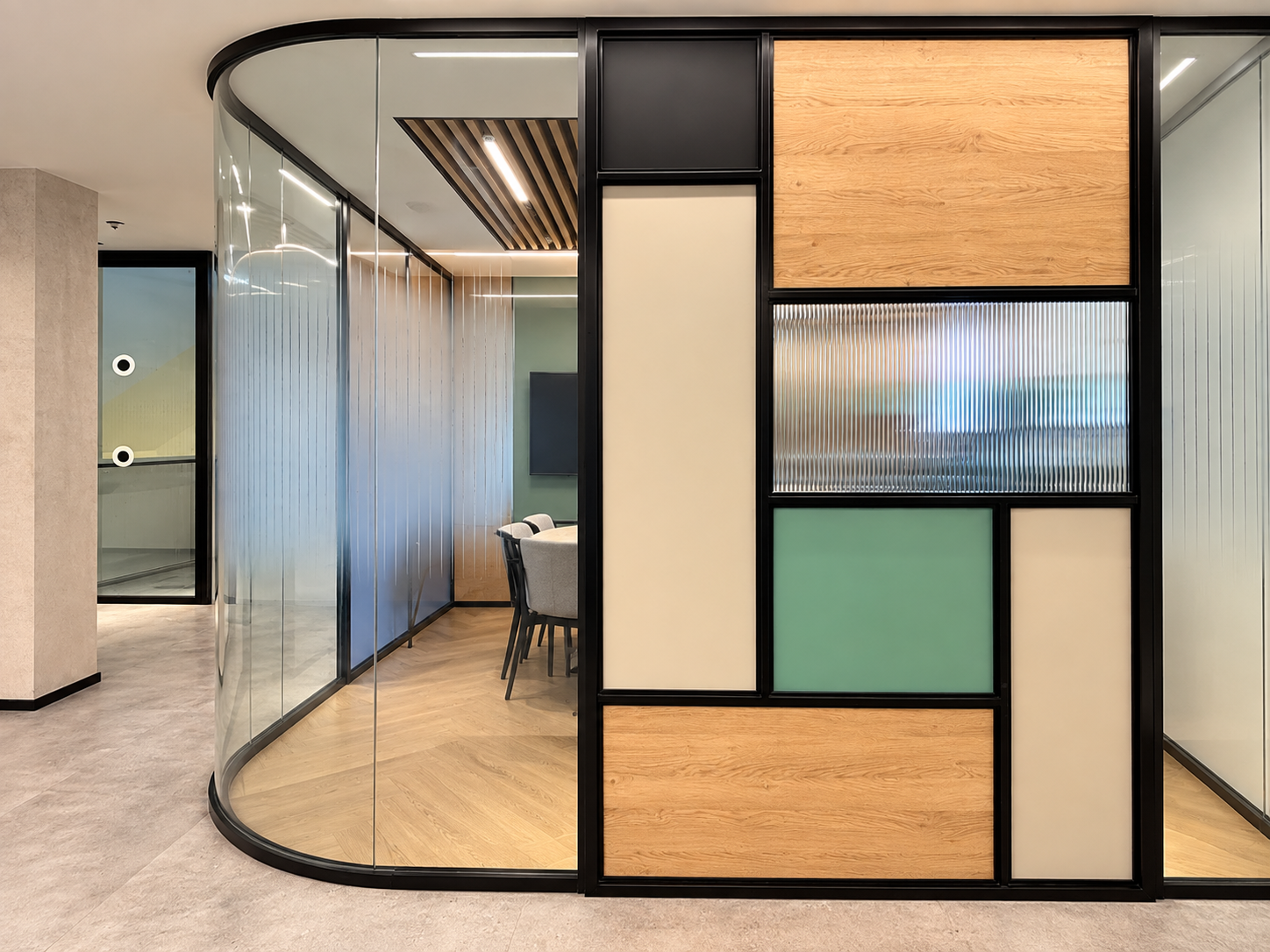 Curved glass meeting room with wood, white and green panels