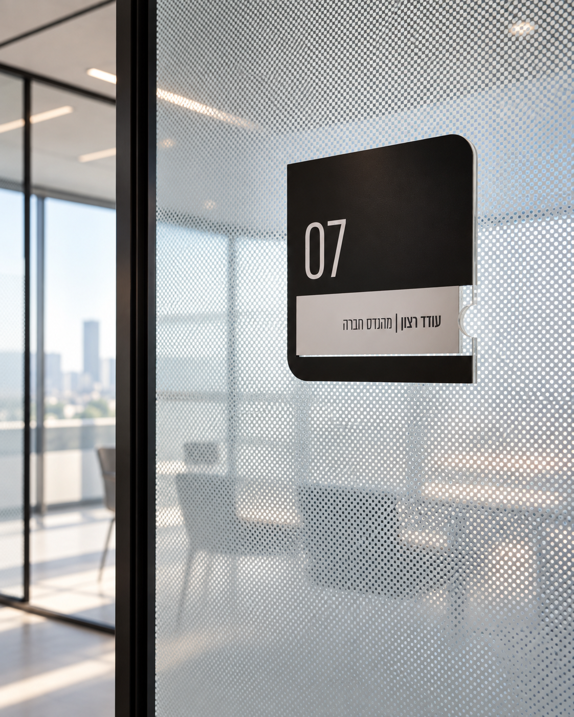Room 07 sign on a dotted glass meeting room wall