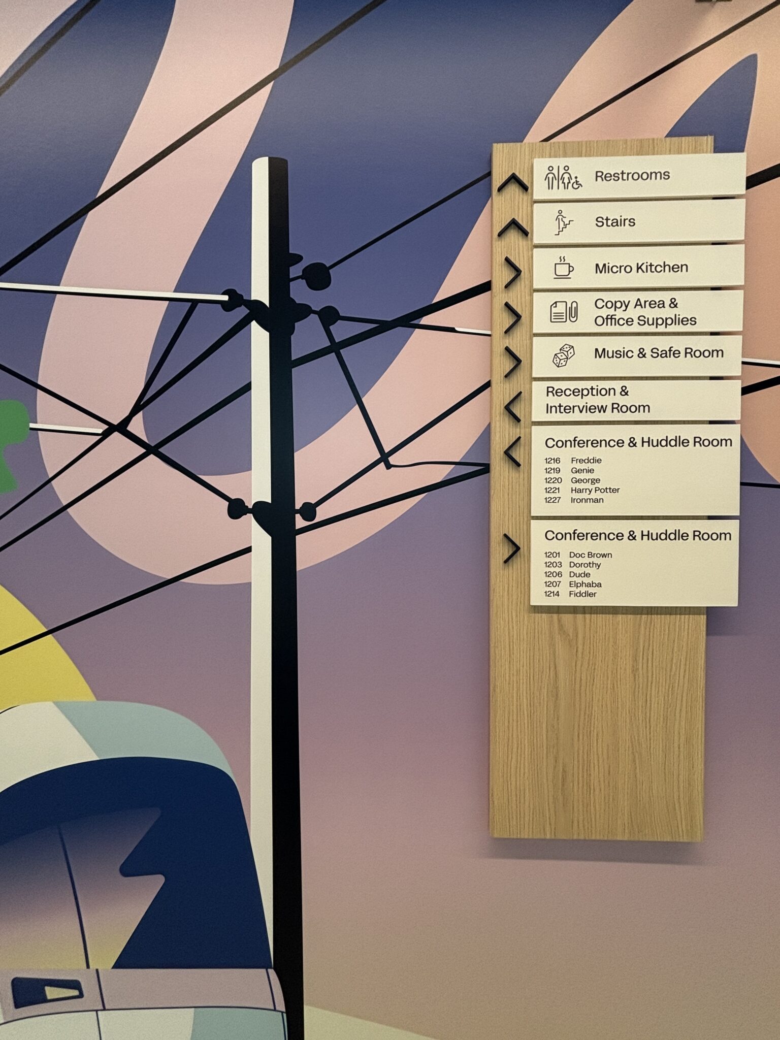 Wood wayfinding sign listing rooms beside a colourful mural