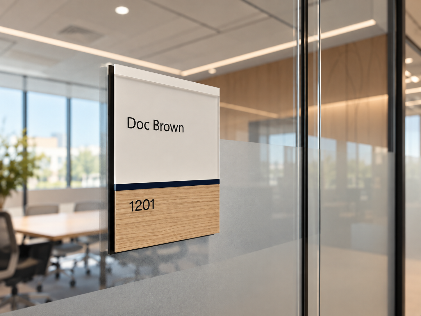Doc Brown 1201 office name sign on frosted glass