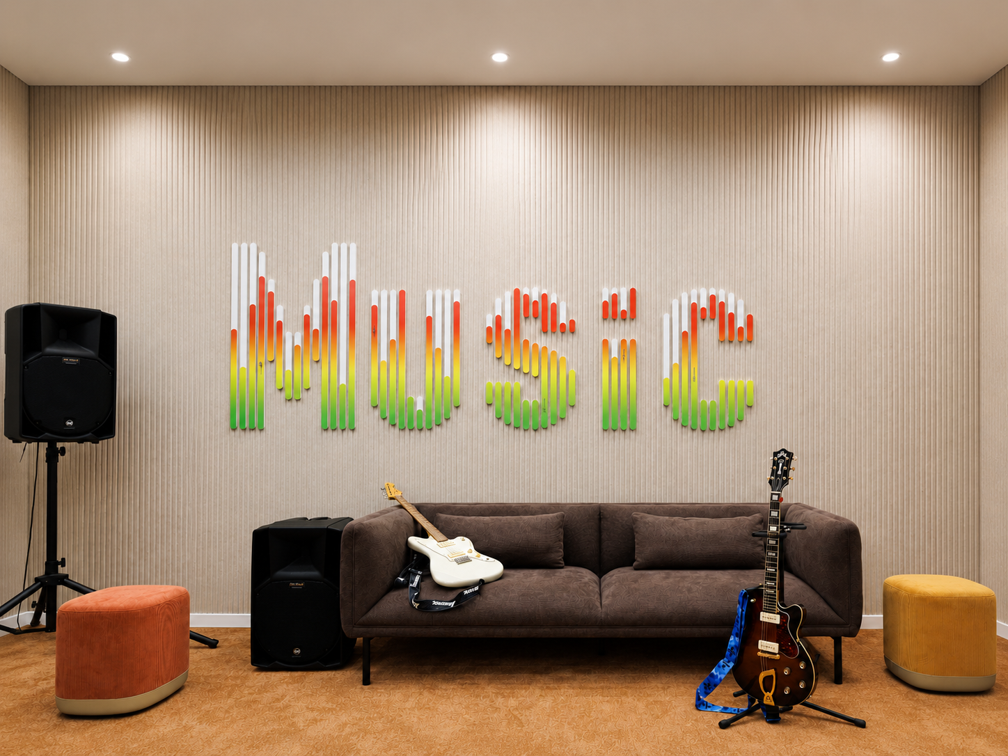 Music lettering made of colourful bars above a sofa with guitars