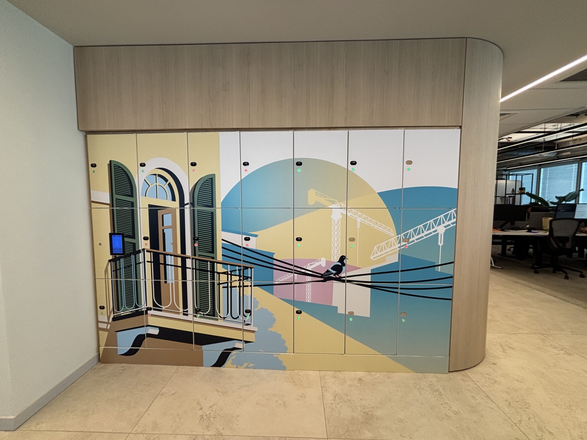 Locker wall printed with a Tel Aviv balcony and crane illustration