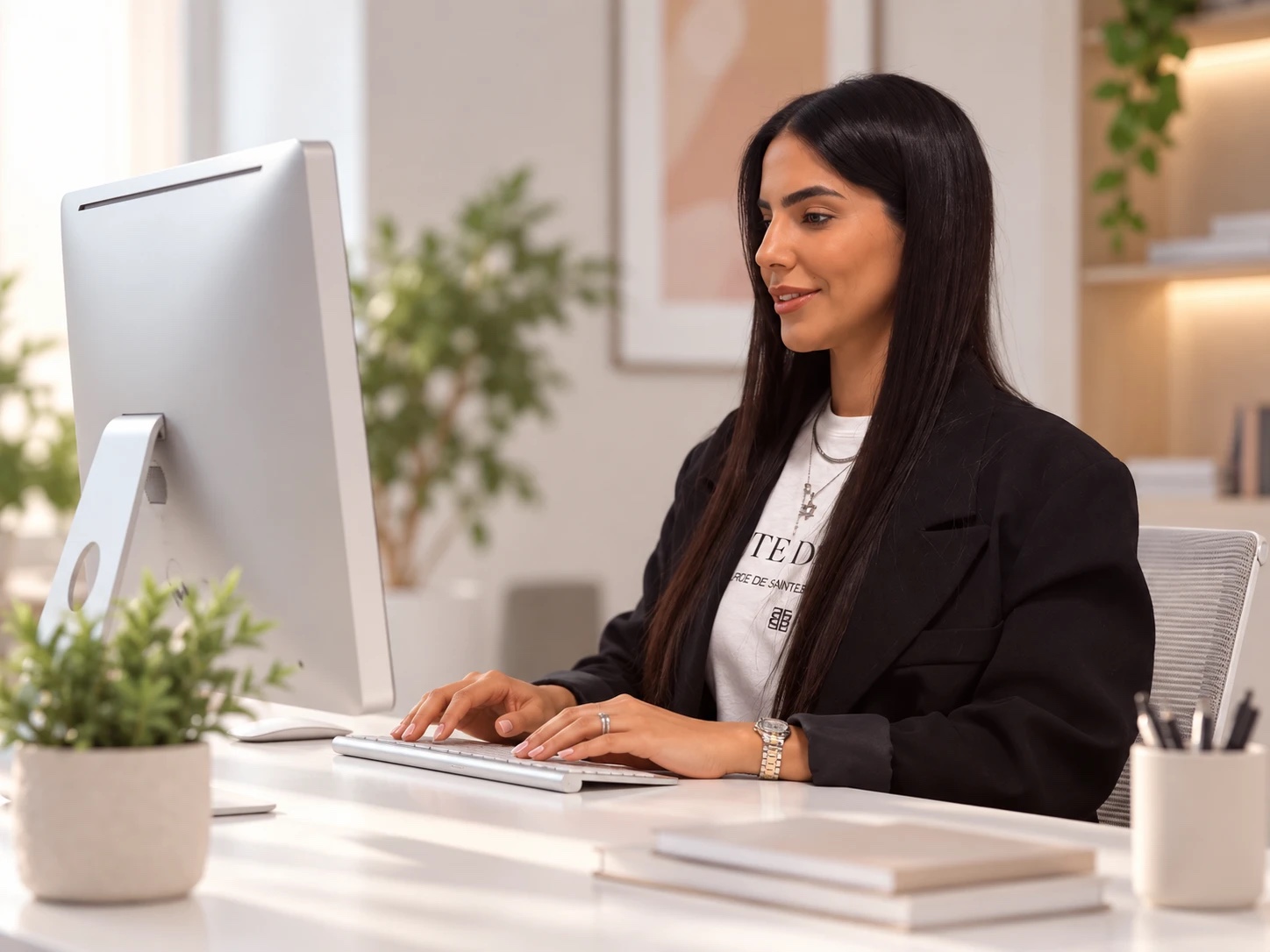 Designer working at a desktop computer in a bright studio
