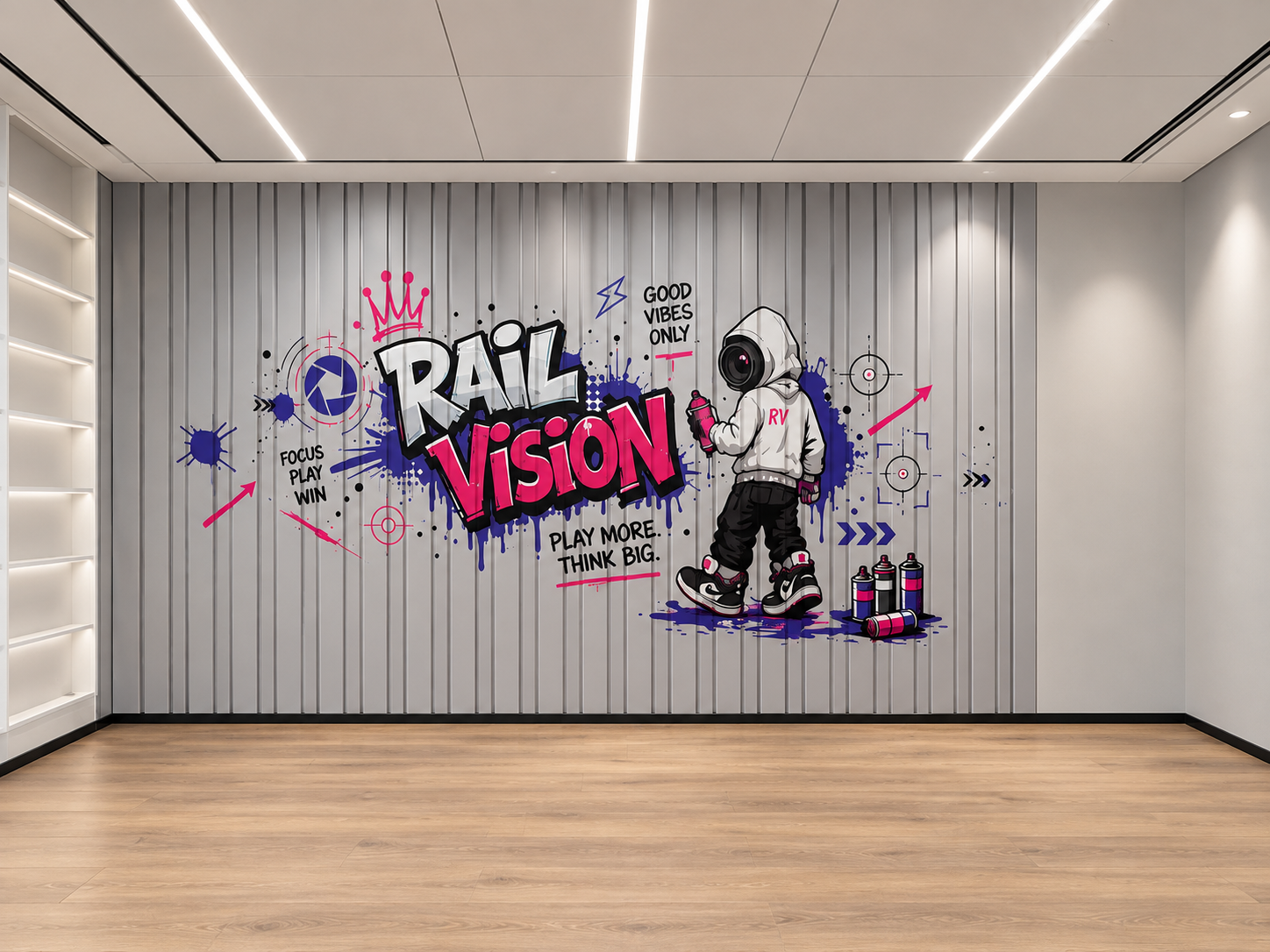 Rail Vision graffiti style wall mural on a ribbed wall