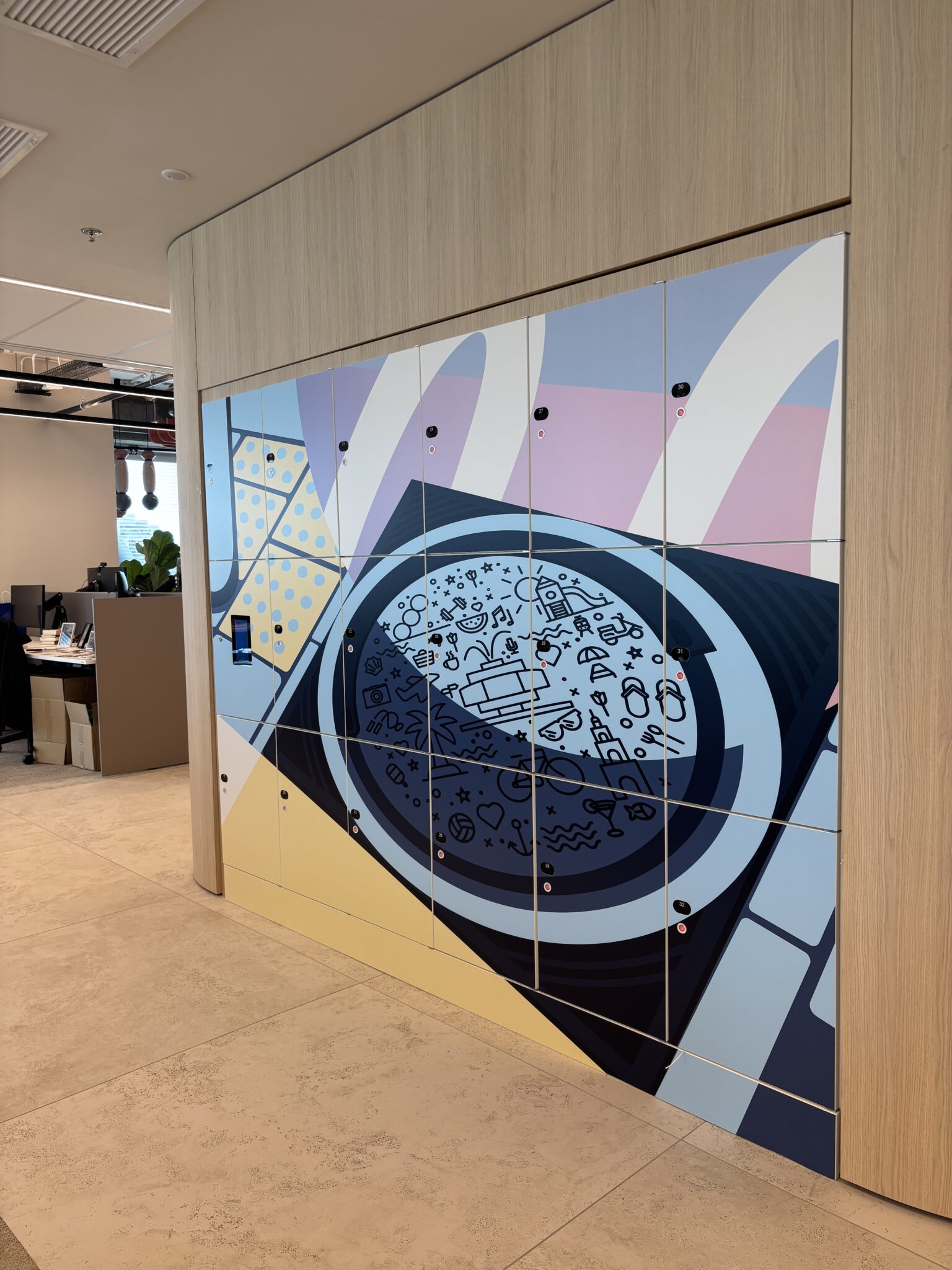 Locker wall printed with a graphic of a manhole cover