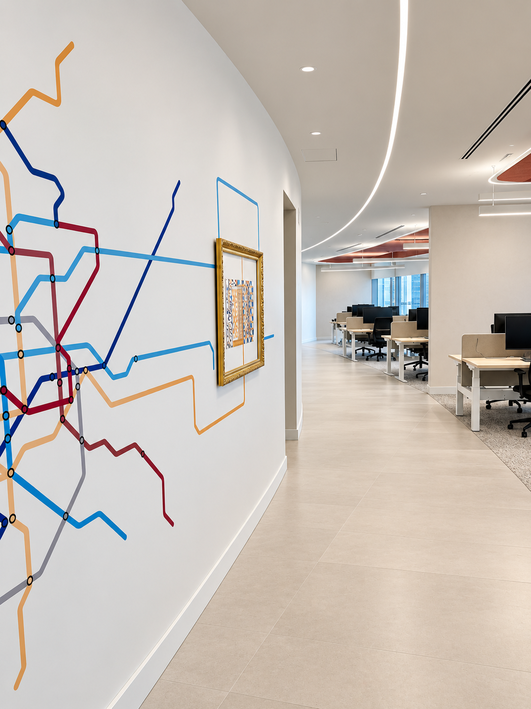 Subway map line graphic along a curved office corridor